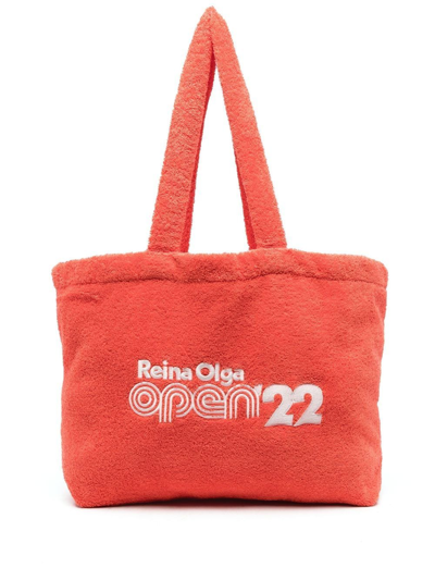 Reina Olga Logo刺绣毛巾布手提包 In Red