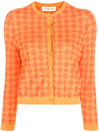 Tory Burch Orange Jacquard Stretch-knit Cardigan In Multi-colored