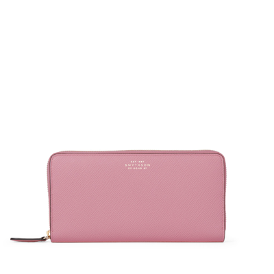 Smythson Large Zip Around Purse In Panama In Rose