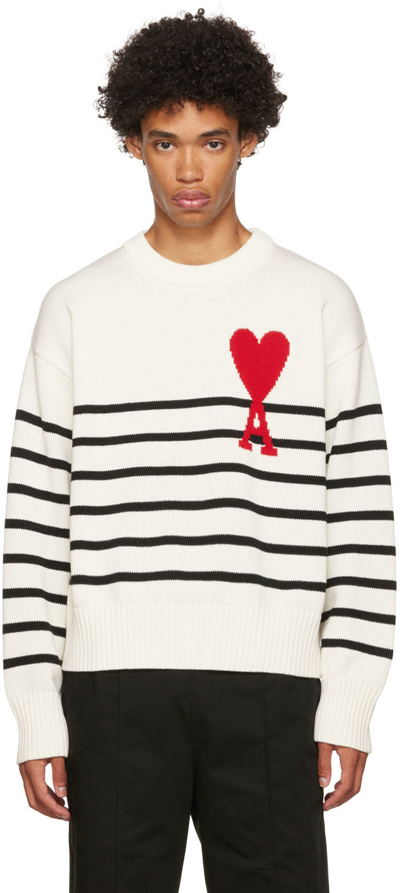 Ami Alexandre Mattiussi Ami De Coeur Striped Crewneck Sweater In White Blackred