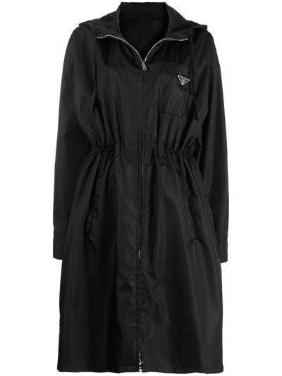 Prada Re-nylon Drawstring Hooded Coat In Black