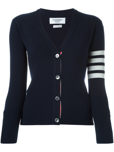 Thom Browne Women Classic V Neck Cardigan In Cashmere With White 4 Bar Sleeve Stripe In 415 Navy