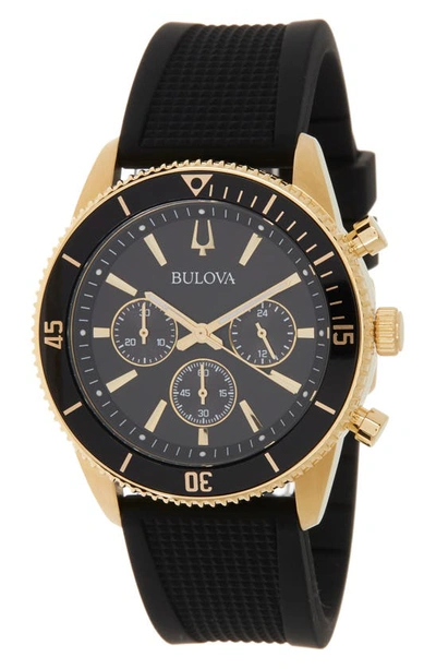 Bulova Chronograph Black Gold Tone Silicone Band Watch, 42mm