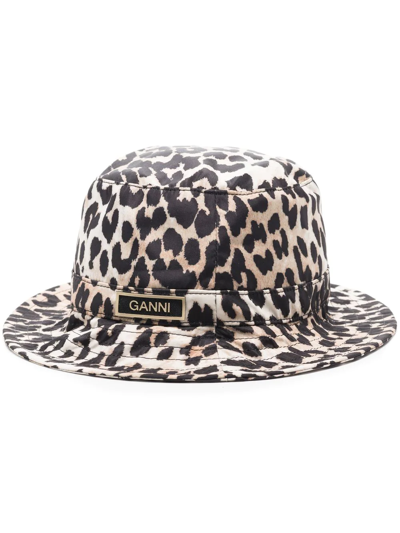 Ganni Leopard-print Bucket Hat In Beige