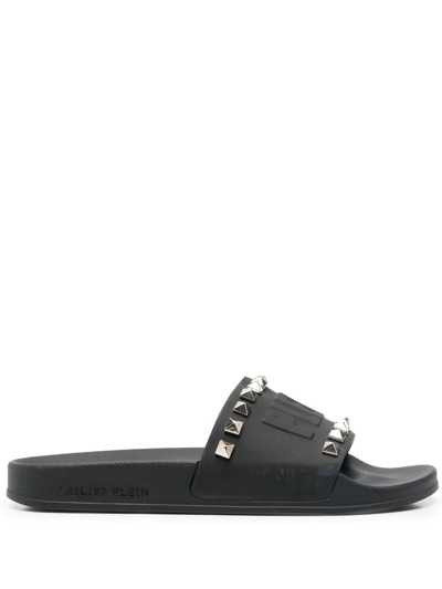 Philipp Plein Stud-detail Embossed-logo Slides In Schwarz