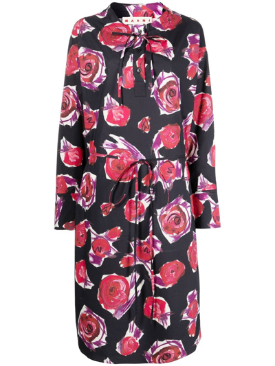 Marni Rose-print Tie-waist Dress In Schwarz