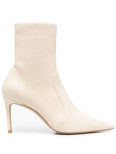 Stuart Weitzman Pointed Toe 85mm Leather Sock Boots In Off White