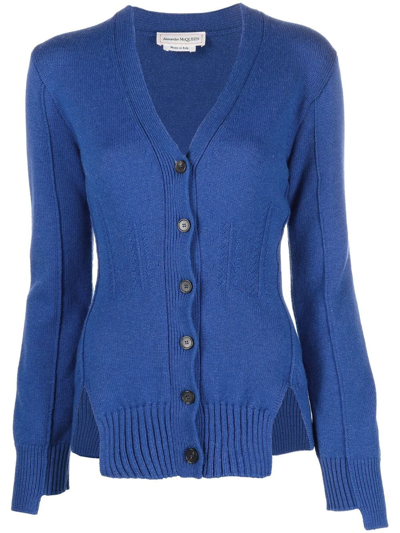 Alexander Mcqueen V-neck Cashmere Knitted Cardigan In Blue
