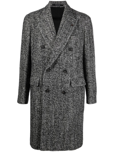 Peserico Herringbone-pattern Double-breasted Coat In Black