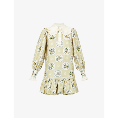 Alemais Sofia Graphic-print Cotton And Linen-blend Mini Dress In Olive