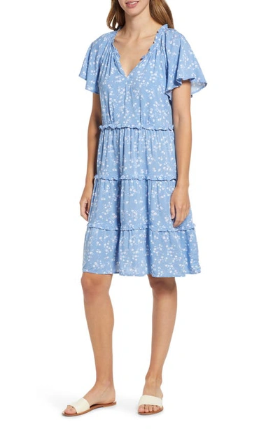 Beachlunchlounge Camila Floral Flutter Sleeve Dress In Blue