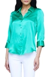 L Agence Dani Silk Satin 3/4-sleeve Button-down Blouse In Jade