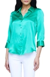 L'agence Dani Silk Satin 3/4-sleeve Button-down Blouse In Jade