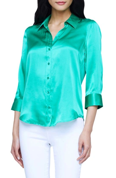 L Agence Dani Silk Satin 3/4-sleeve Button-down Blouse In Jade