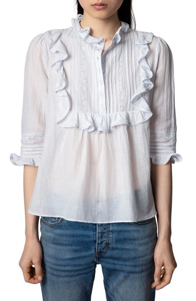 Zadig & Voltaire Tix Pleated Ruffled Half Button-front Top In Ciel
