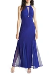 Morgan & Co. Cleo Crystal Detail Open Back Gown In Electric Blue