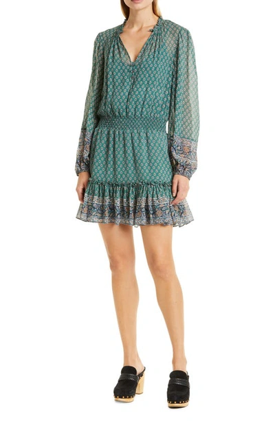 Veronica Beard Destiny Printed Smocked Waist V-neck Mini Dress In Green