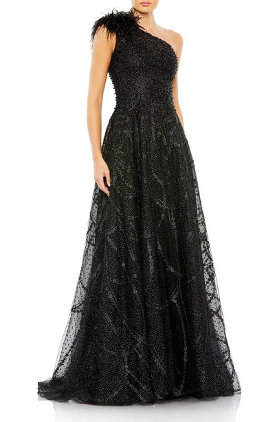 Mac Duggal Embellished One Shoulder A Line Gown In Black