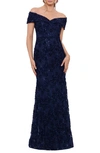 Xscape Off The Shoulder Embroidered Gown In Blue