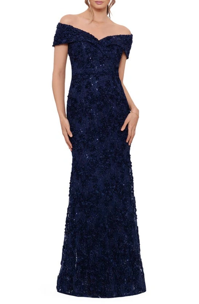 Xscape Off The Shoulder Embroidered Gown In Navy