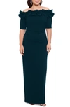 Xscape Long Crepe Off The Shoulder Ruffle Short Sleeve Dress In Pine