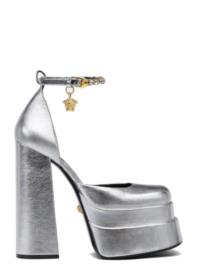 Versace Medusa Aevitas Embellished Metallic Leather Platform Pumps In Silver