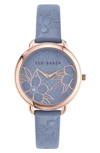 Ted Baker Hettie Leather Strap Watch, 37mm In Light Blue/ Floral/ Rose Gold