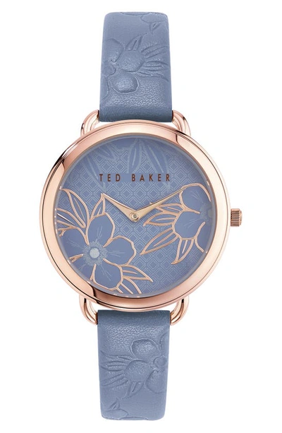 Ted Baker Hettie Leather Strap Watch, 37mm In Light Blue/ Floral/ Rose Gold