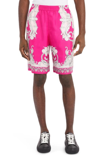 Versace Silver Baroque Print Silk Twill Shorts In Fuchsia