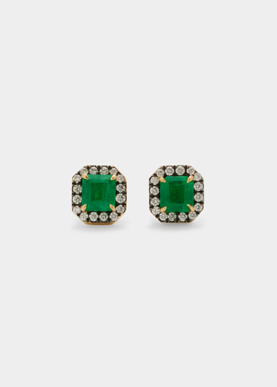 Jemma Wynne Prive Zambian Emerald And Diamond Square Stud Earrings In Yg
