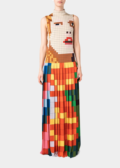 Akris Pleated Pixel Printed High-neck Gown In Multicolor