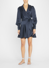 Zimmermann Silk Mini Long-sleeve Wrap Dress In Blue
