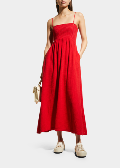 Monrow Gauze Smocked Maxi Dress In Blood Red