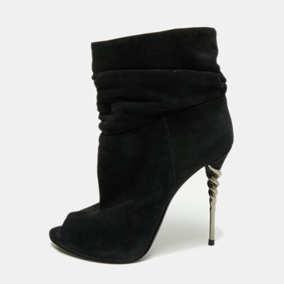 Pre-owned Le Silla Black Suede Peep-toe Spiral Heel Ankle Boots Size 37.5