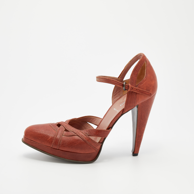 Pre-owned Miu Miu Burnt Orange Leather Ankle Strap Platform Sandals Size 40