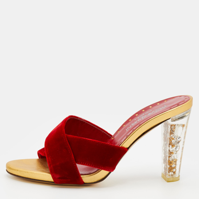 Pre-owned Saint Laurent Red Velvet Criss-cross Rhinestone Heel Slide Sandals Size 39
