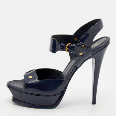 Pre-owned Saint Laurent Navy Blue Patent Leather Studded Ankle Strap Platform Sandals Size 40