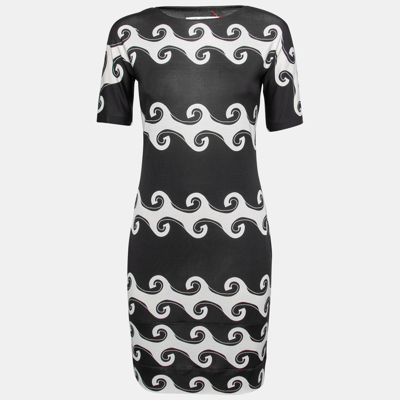 Pre-owned Diane Von Furstenberg Monochrome Wave Print Silk Knit Cyrani Dress M In Black