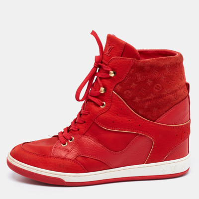 Pre-owned Louis Vuitton Red Leather And Embossed Monogram Suede Millenium Wedge Trainers Size 39.5