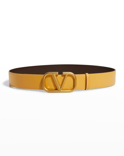 Valentino Garavani Vlogo Reversible Box Leather Belt In Golden Yellow