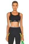 Adidas By Stella Mccartney Asmc Truepace Mesh-paneled Printed Recycled Stretch Sports Bra In Black & Shock Yellow