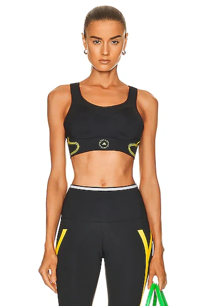 Adidas By Stella Mccartney Asmc Truepace Mesh-paneled Printed Recycled Stretch Sports Bra In Black