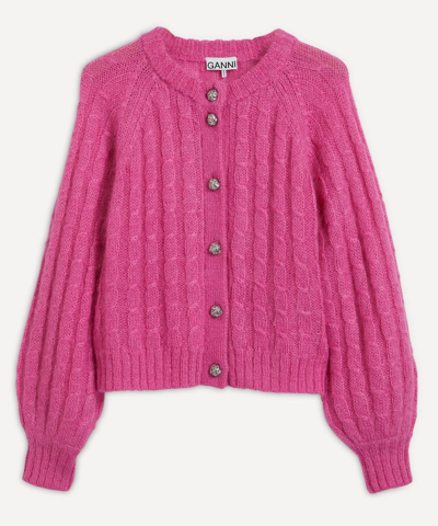 Ganni Cable-knit Mohair-blend Cardigan In Pink