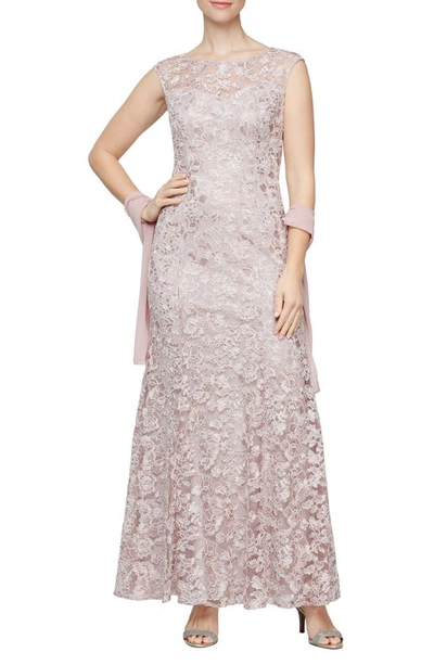 Alex Evenings Floral Embroidered Evening Gown With Wrap In Rose