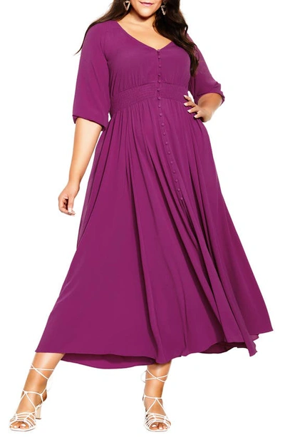 City Chic Desire Shirred Waist Button Front Maxi Dress In Magenta | ModeSens