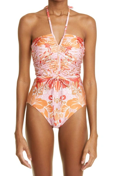 Zimmermann Violet Ruched Halter One-piece Swimsuit In Coral Floral