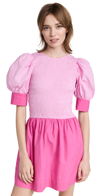 Ganni Color Block Cotton Poplin Smocked Mini Dress In Phlox Pink