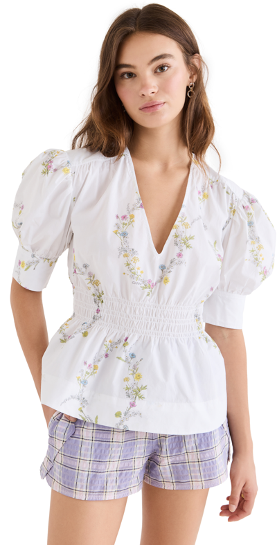 Ganni Floral V-neck Poplin Cotton Blouse In White