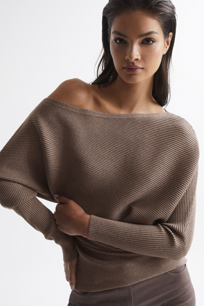 Reiss Lorna Rib One-shoulder Dolman Sleeve Sweater In Mink