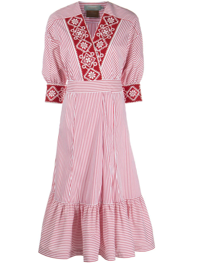 Silvia Tcherassi Women's Brittany Embroidered Cotton Midi Wrap Dress In Red Mini Stripes